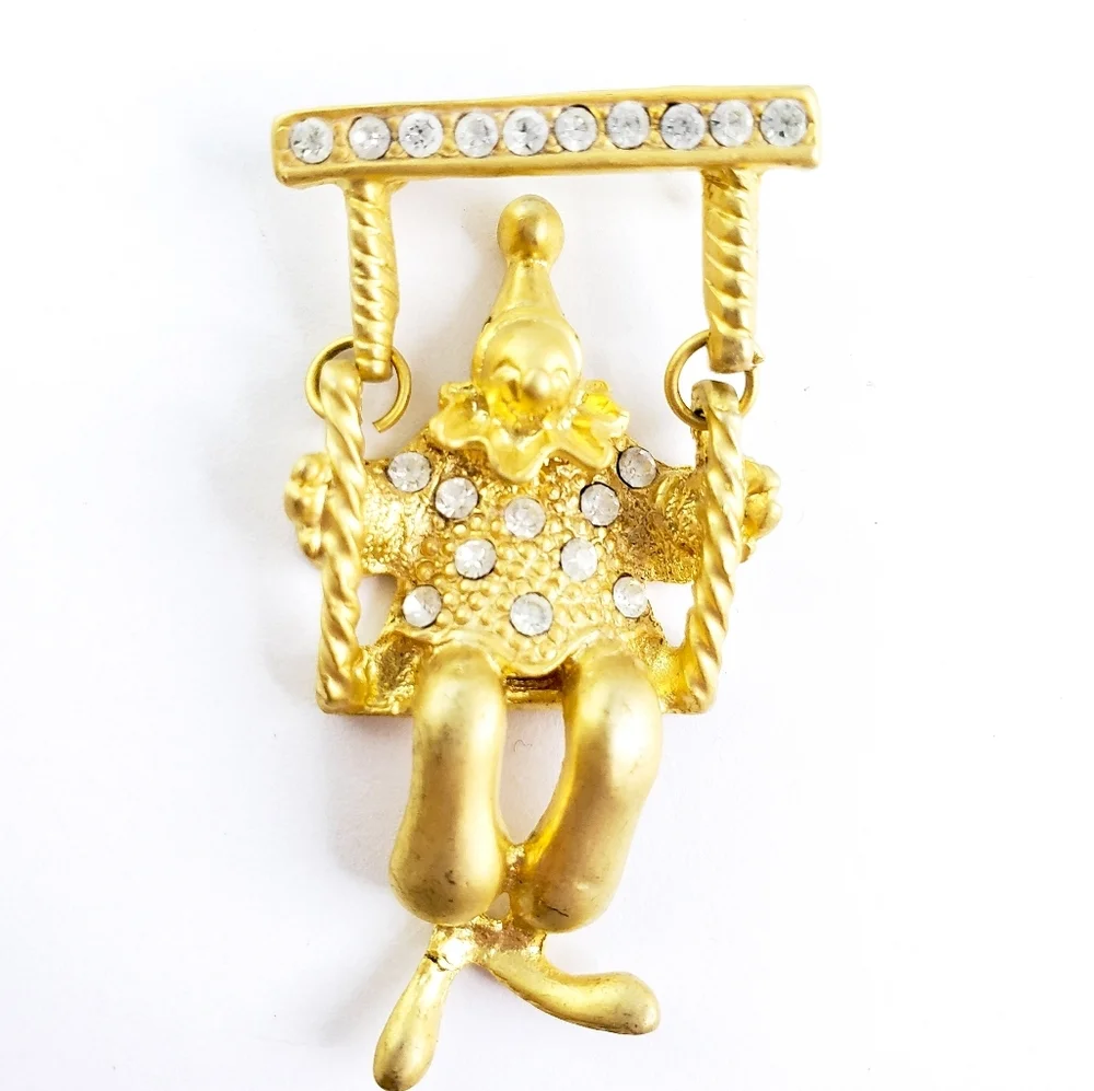 Vintage Brooch Clown Pin Gold + Rhinestones